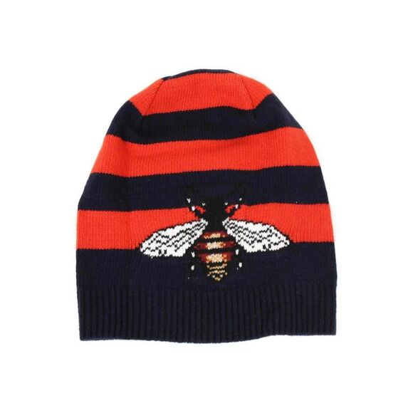 Gucci Men's Blue / Red Striped Wool Knit Beanie Hat With Large Bee M / 58 - Picture 1 of 4